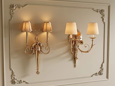 European Style Gold Metal Wall Sconces With Carved And Beige Lampshades On Decorative Framed Wall 3d model