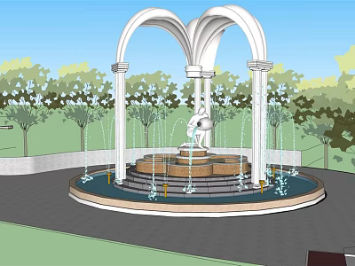 Ornate White Arched Fountain With Central Statue And Water Jets In Green Park 3d model