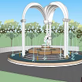 Ornate White Arched Fountain With Central Statue And Water Jets In Green Park