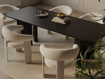 Modern Black Dining Table Set With White Bouclé Chairs Fruit Plate Books And Plant 3d model