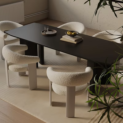 Modern Black Dining Table Set With White Bouclé Chairs Fruit Plate Books And Plant 3d model