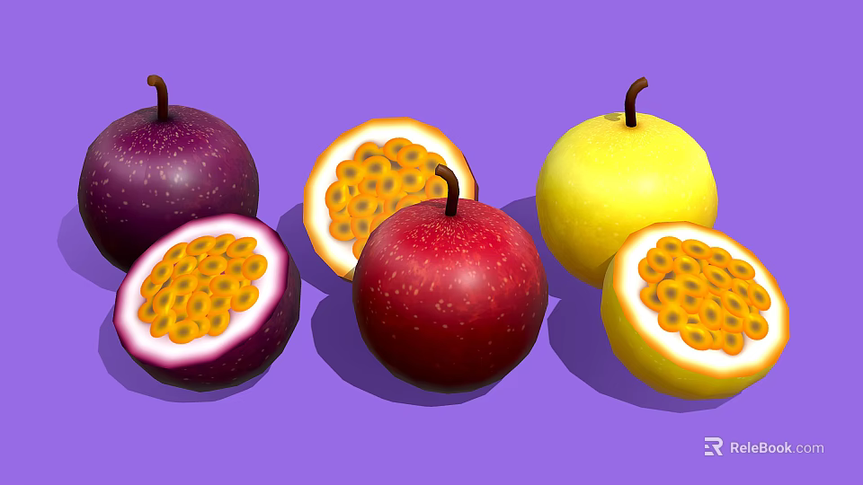 Fresh Passion Fruits Whole And Halved Purple Red Yellow With Seeds On Purple Background 3d model 