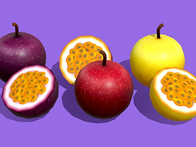 Fresh Passion Fruits Whole And Halved Purple Red Yellow With Seeds On Purple Background 3d model