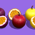 Fresh Passion Fruits Whole And Halved Purple Red Yellow With Seeds On Purple Background