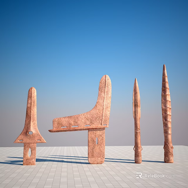 Ancient Primitive Copper Colored Weapons Including Spearheads And Knives Against Blue Sky White Ground 3d model 