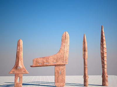 Ancient Primitive Copper Colored Weapons Including Spearheads And Knives Against Blue Sky White Ground 3d model
