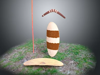 Traditional Tribal Weapons With Wooden Shield Boomerang Spear And Base On Grass 3d model