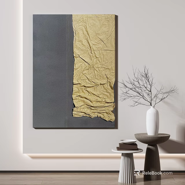 Abstract Wall Art With Textured Gold Panel And White Vase On Side Table 3d model