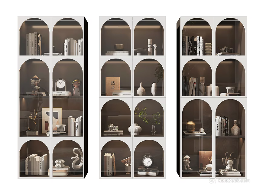 Modern Elegant Decorative Cabinet With Arched Shelves Displaying Books Vases Clock And Sculptures 3d model 