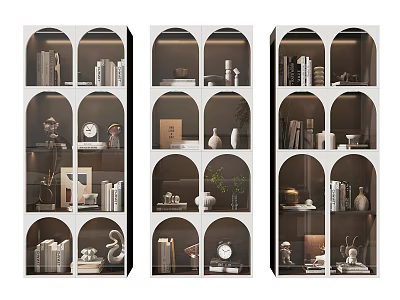 Modern Elegant Decorative Cabinet With Arched Shelves Displaying Books Vases Clock And Sculptures 3d model