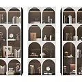 Modern Elegant Decorative Cabinet With Arched Shelves Displaying Books Vases Clock And Sculptures
