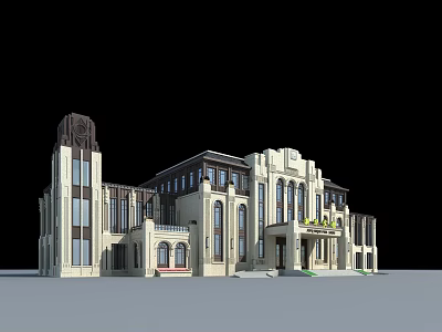 Classical Hotel Building With Tower Arched Windows And Ornate Beige Exterior 3d model
