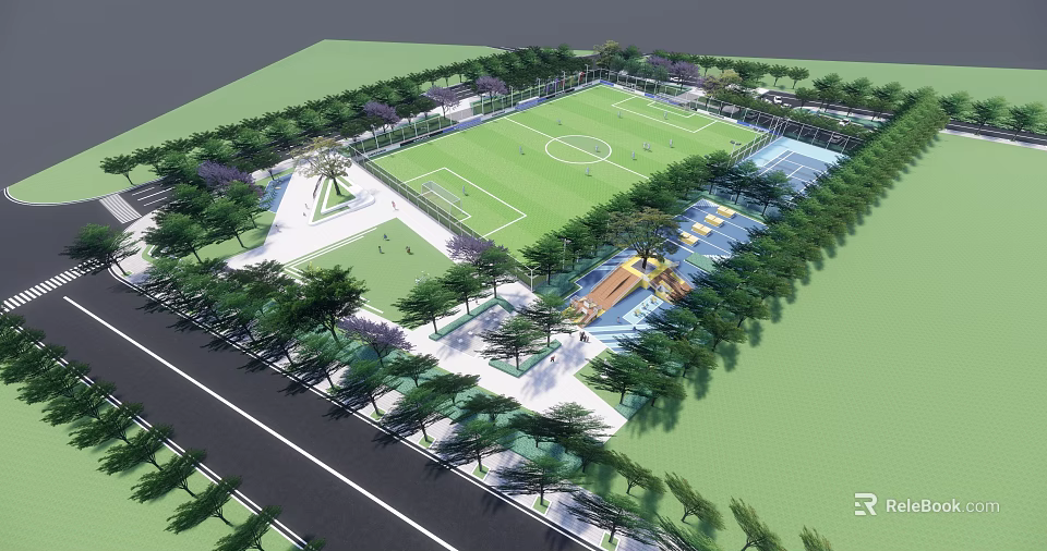 Scenic Park Landscape with Football Field and Green Lawn Surrounded by Trees and Walking Paths 3d model 