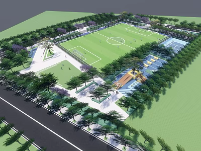 Scenic Park Landscape with Football Field and Green Lawn Surrounded by Trees and Walking Paths 3d model