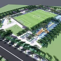 Scenic Park Landscape with Football Field and Green Lawn Surrounded by Trees and Walking Paths