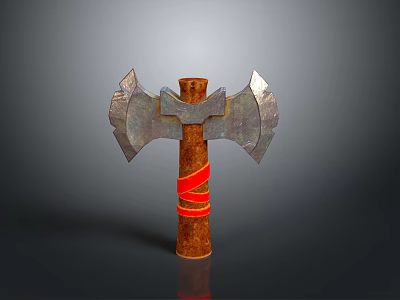 Double Bladed Metal Axe With Wooden Handle And Red Binding Strap 3d model