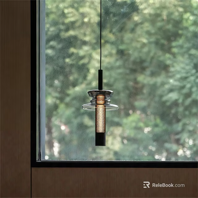 Modern Interior Pendant Light With Metal Frame And Glass Shade Against Green Trees 3d model 