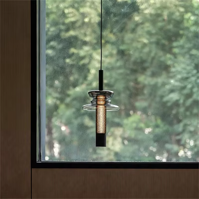 Modern Interior Pendant Light With Metal Frame And Glass Shade Against Green Trees 3d model