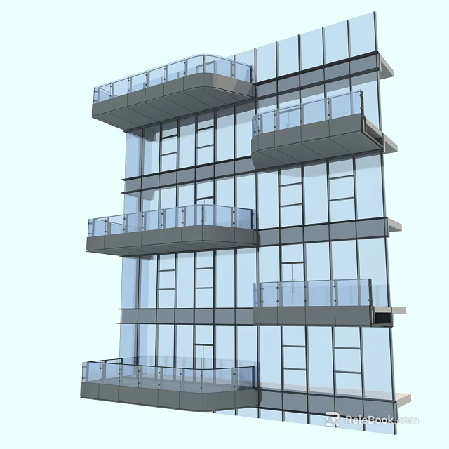 Modern High Rise Building Exterior Featuring Glass Curtain Walls And Balconies With Metal Railings 3d model 