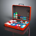 Red Portable First Aid Kit With Medical Supplies Bandages Bottles And Scissors
