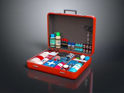 Red Portable First Aid Kit With Medical Supplies Bandages Bottles And Scissors 3d model