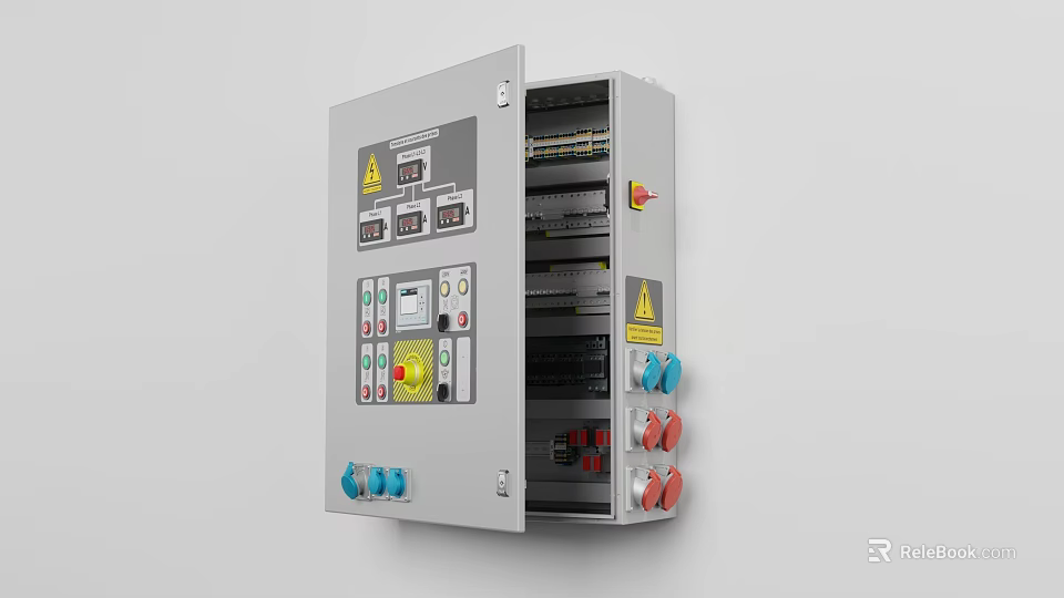 Industrial Electrical Control Cabinet Open with Control Panel Buttons Indicators and Warning Signs 3d model 