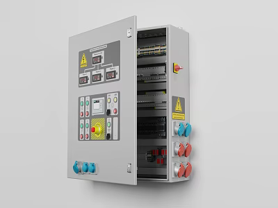 Industrial Electrical Control Cabinet Open with Control Panel Buttons Indicators and Warning Signs 3d model
