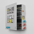 Industrial Electrical Control Cabinet Open with Control Panel Buttons Indicators and Warning Signs