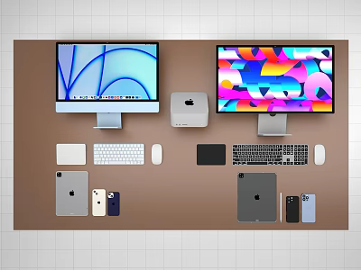 Apple Desktop Computers And Monitors Setup With Tablets Phones And Accessories 3d model