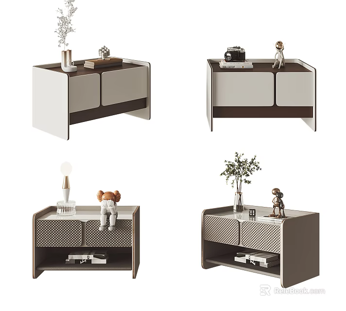 Modern Bedside Table With Storage And Decorative Items Like Vase Figurine And Doll 3d model 