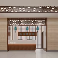 Modern Indoor Corridor With Chinese Lattice Ceiling Wooden Walls And Decorative Painting