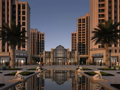 Modern Building Exterior of High Rise Residential Complex With Fountains Palm Trees and Entrance Hall 3d model