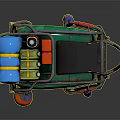 Small Green And White Vehicle With Colorful Storage Boxes On Top And Front Bumper