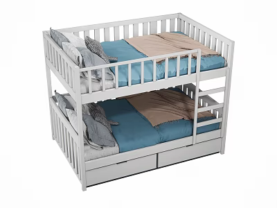 White Wooden Bunk Bed With Blue Mattress And Storage Drawers 3d model