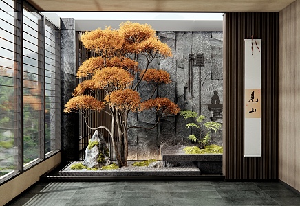 New Chinese indoor landscape plant landscaping patio landscape moss stone landscape tree courtyard sketch 3d model