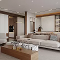 Modern Dining Living Room Interior With Wooden Cabinets Marble Table And Lighting Fixtures