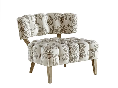 Vintage Damask Pattern Tufted Accent Chair With Curved Back And Wooden Legs 3d model
