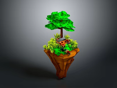 Adorable Orange Game Character Sitting on Floating Island with Green Tree and Grass 3d model