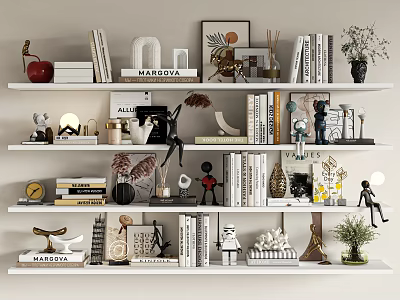 Decorative Ornament Set with Books Small Sculptures Plants Photo Frames and Lamps on White Shelves 3d model