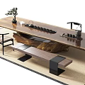 Natural Wooden Tea Table and Chairs with Tea Set Tray and Bench in Living Room