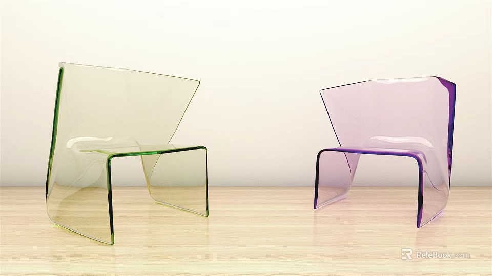 Transparent Accent Chairs Green And Purple Clear Design On Wooden Floor With White Wall 3d model 
