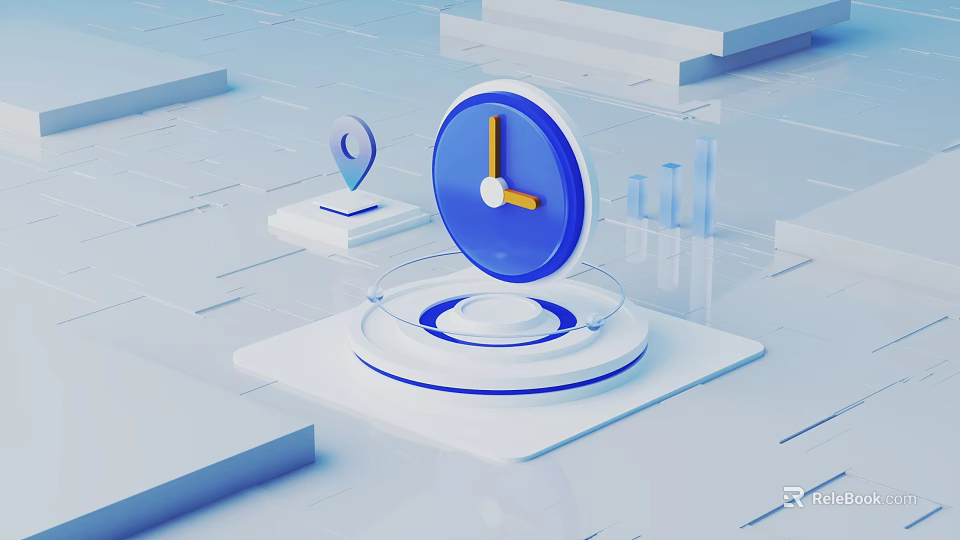 Cartoon Scene Featuring Blue Clock Circular Base Rings Geometric Platform Location Icon And Bar Charts 3d model 