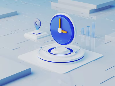 Cartoon Scene Featuring Blue Clock Circular Base Rings Geometric Platform Location Icon And Bar Charts 3d model