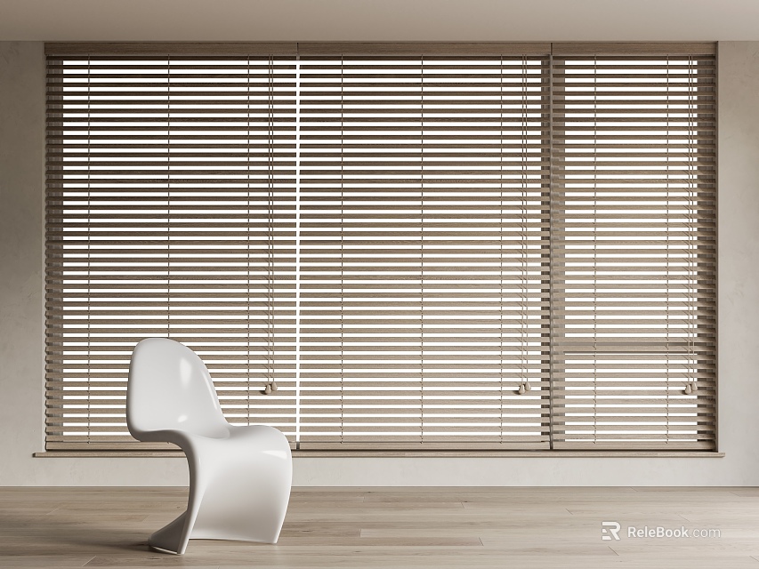 Modern Neutral Interior With Large Wooden Window Blinds And White Chair 3d model 