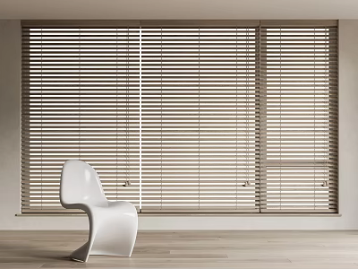 Modern Neutral Interior With Large Wooden Window Blinds And White Chair 3d model