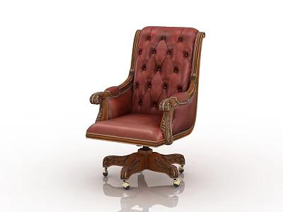Red Leather Office Chair With Tufted Back Carved Armrests And Five Star Base 3d model