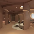 Luxury Minimalist Beauty Salon Interior With Warm Tones Sofa Mirror And Lighting