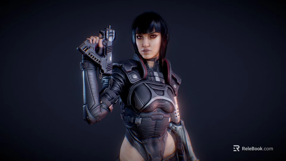 Woman In Futuristic Advanced Tech Armor Holding Gun Against Dark Background 3d model 