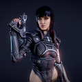 Woman In Futuristic Advanced Tech Armor Holding Gun Against Dark Background