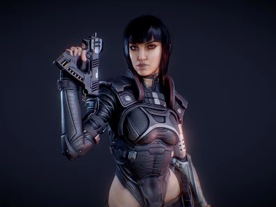 Woman In Futuristic Advanced Tech Armor Holding Gun Against Dark Background 3d model